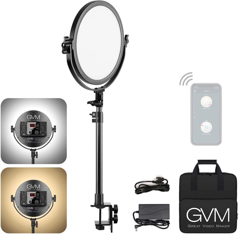 GVM Great Video Maker GVM Desk Mount LED Video Light, 10'' Round Key Light with Built-in Diffuser and LCD Display, Bi-Color Professional Light for Game/Studio/Streaming/YouTube Video Shooting, APP Control CRI 97+ - Image 1